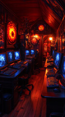 Naklejka premium A dimly lit room with multiple computers set up for gaming.