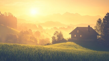 A small house sits on a hill overlooking a valley with mountains in the distance, as the sun rises over the misty landscape.