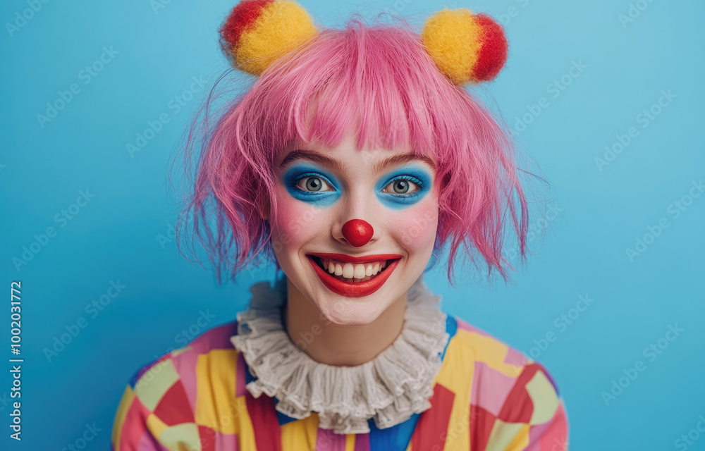 Wall mural portrait of a smiling young woman dressed as a clown, with pink hair and colorful makeup, in a studi