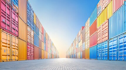 Fototapeta premium A vibrant array of shipping containers lined up in a storage yard under a clear sky.
