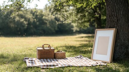 A rustic picnic setup on a grassy field, with a checkered blanket, a wooden picnic basket, a framed artwork leaning on a nearby tree, dappled sunlight coming through the tree canopy,