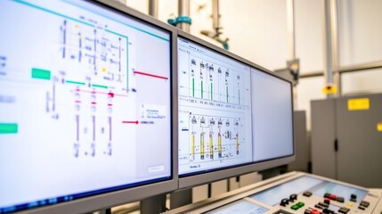 Fototapeta premium Control room interface displaying industrial process data and monitoring systems.
