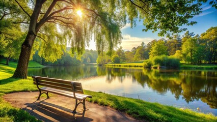 Obraz premium Serene park scene with bench overlooking calm lake surrounded by lush green trees bathed in warm sunlight, park, serene, bench, calm