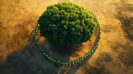 Group of people wearing green shirts, forming a human chain around a large tree, symbolizing community and sustainability, aerial view, vibrant colors, digital painting.