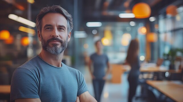 Group of professionals wearing gray shirts in a modern co-working space, reflecting sophistication and neutrality, selective focus, professional networking, dynamic, Overlay, urban office backdrop