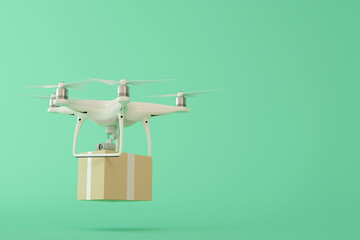 Drone carrying a package on a green background for delivery