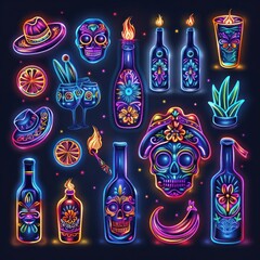Cinco de Mayo Neon Style Collection: Set of Posters, Flyers, Invitations, Brochures, and Banners with Mexican Fiesta Party Typography and Vector Illustrations