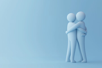 Light blue figures embracing each other in a minimalist background