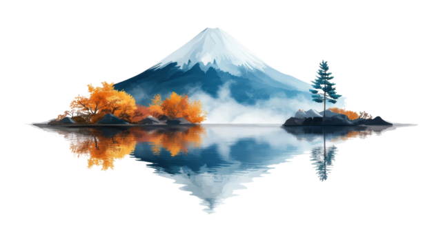 Mount Fuji Reflection in Lake with Autumn Trees