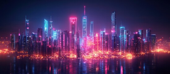 Fototapeta premium A futuristic cityscape at night with vibrant neon lights reflecting in the water.