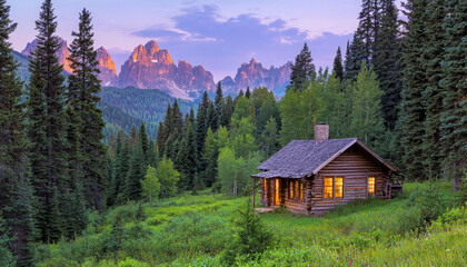 A serene cabin nestled in a lush green landscape, surrounded by towering mountains and a colorful sunset sky.