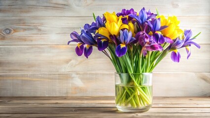 Bouquet of vibrant spring irises in a clear vase, Bouquet, Spring, Irises, Flowers, Vibrant, Clear, Vase, Fragrant, Fresh, Botanical