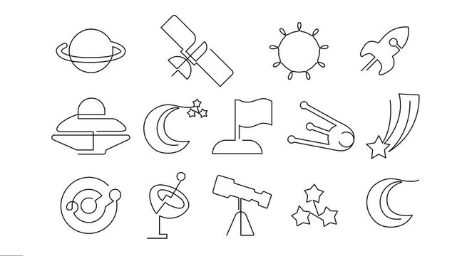 Space icon set Continuous single line art Animation. Animated Video of science infinity apace icons Motion Graphics work. 