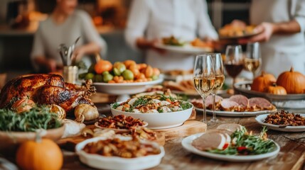 Obraz premium A beautifully arranged table with various dishes and drinks for a festive gathering.