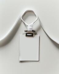 Fototapeta premium Blank ID badge with white lanyard on neutral background, ideal for corporate events, conferences, or identification purposes.