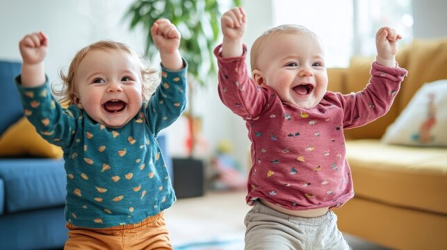 Two toddlers are dancing and clapping with big smiles in a sunny living room