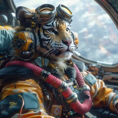 Tiger Pilot in Futuristic Steampunk Cockpit with Reflective Aviator Goggles and High-Tech Controls in 4K Resolution