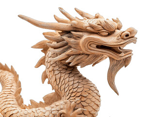 Intricate wooden dragon sculpture showcasing detailed craftsmanship and mythical beauty in traditional art style.