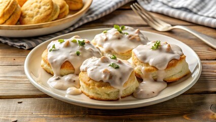 A delicious plate of biscuits and gravy , breakfast, comfort food, southern cuisine, homemade, gravy, sausage, biscuits
