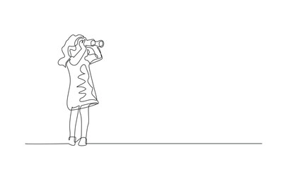 continuous line of girl with binoculars.single line of girl looking with binoculars.illustration of one vector line drawing,girl looking for her friend,looking for ideals.