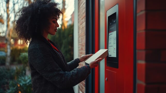 A woman with curly hair is retrieving a parcel from an automated self-service locker situated outdoors during the evening.