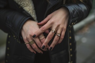 Woman Ring. Close-up of Young Woman's Hands with Pretty Rings on Urban Street