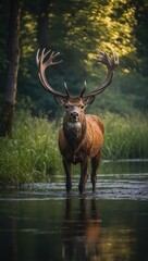 Deer with antlers standing in shallow water looking towards camera in serene setting