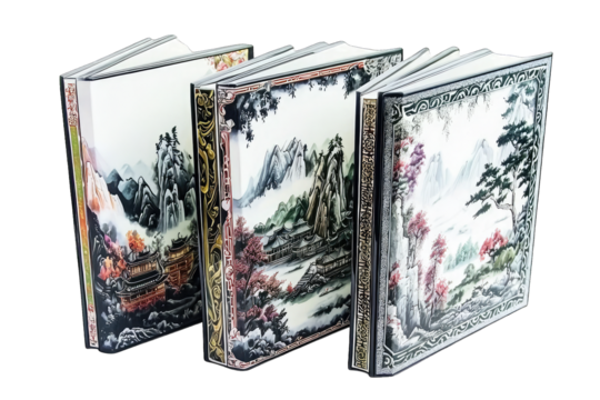 Three beautifully illustrated books featuring stunning landscapes and traditional designs, perfect for collectors and art lovers.