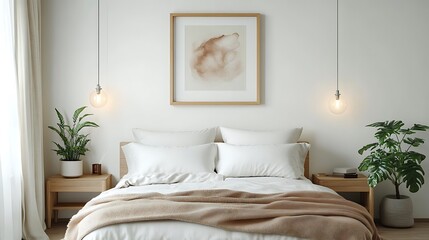 A stylish bedroom with a framed abstract artwork above the bed, soft ambient lighting, cozy blankets, indoor plants on either side, neutral color palette, and a calm,