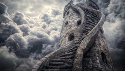 A mystical stone tower spirals upward against a dramatic cloudy sky, evoking a sense of fantasy and adventure.