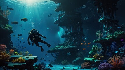 A scuba diver explores a vibrant underwater world with a sunken city in the background, surrounded by coral reefs and colorful fish.