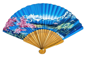 A beautifully designed hand fan featuring vibrant colors and scenic mountain landscapes, perfect for decoration or cultural events.