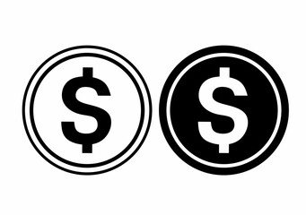 two coin icons with a dollar symbol ($). The left coin has a white background with a black outline, while the right coin is black with a white dollar symbol and rim.
