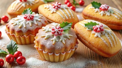 French madeleine sponge cake decorated with Christmas motifs such as holly leaves, snowflakes, and candy canes