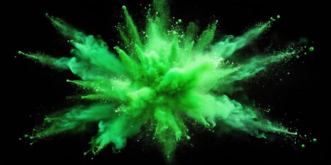 Fototapeta premium Explosion of green powder on black background , powder, dust, green, splash, fume, abstract, festive, explode, particles