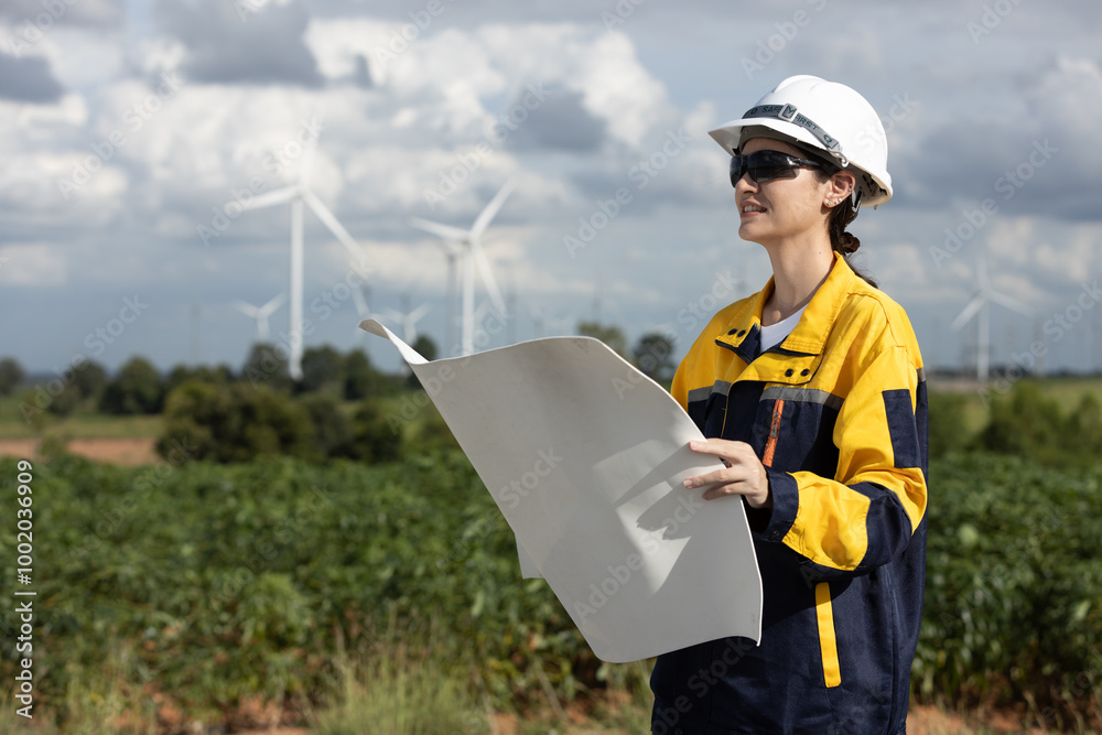 Poster female engineer wind turbine worker survey operational planning windmill clean renewable energy tech