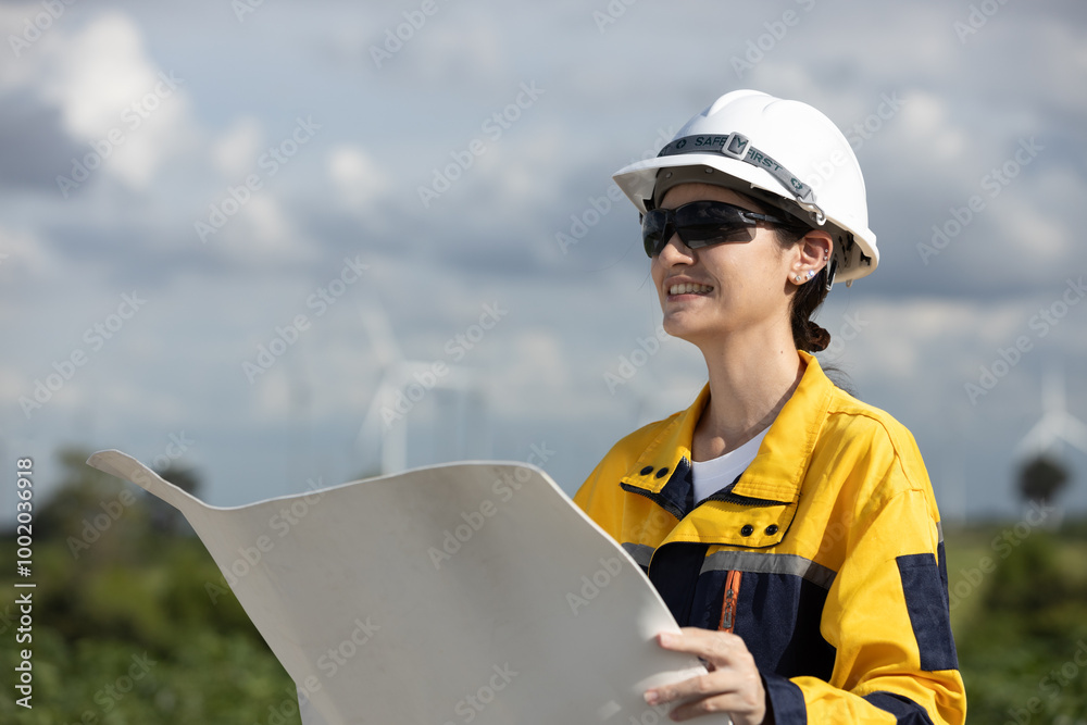 Poster Female engineer wind turbine worker survey operational planning windmill clean renewable energy technology for future. Alternative technology protect environment reduce global warming problems.