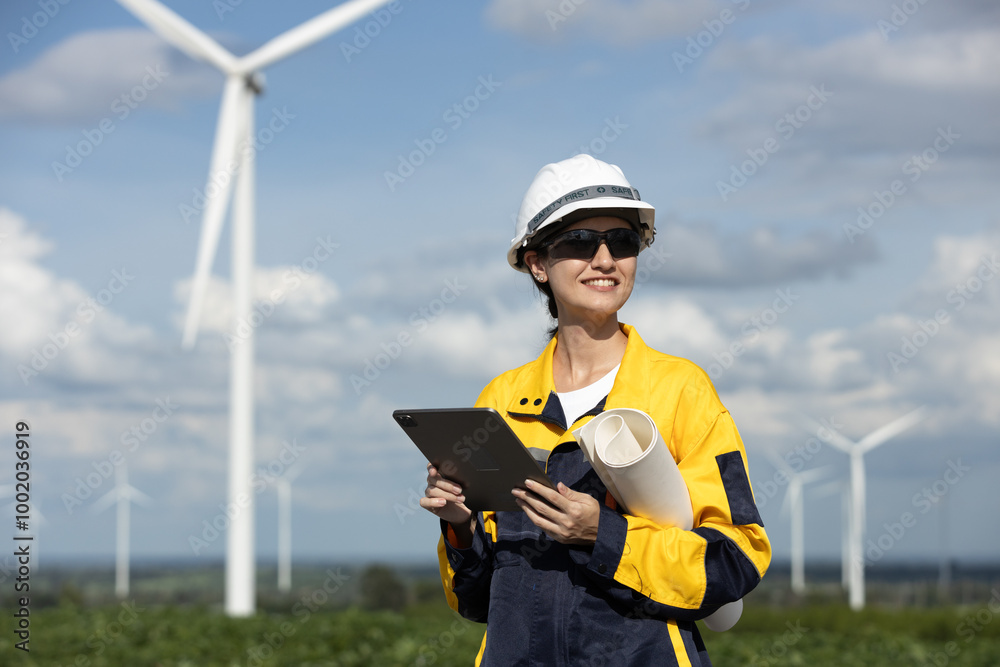 Aufkleber female engineer wind turbine worker survey operational planning windmill clean renewable energy tech