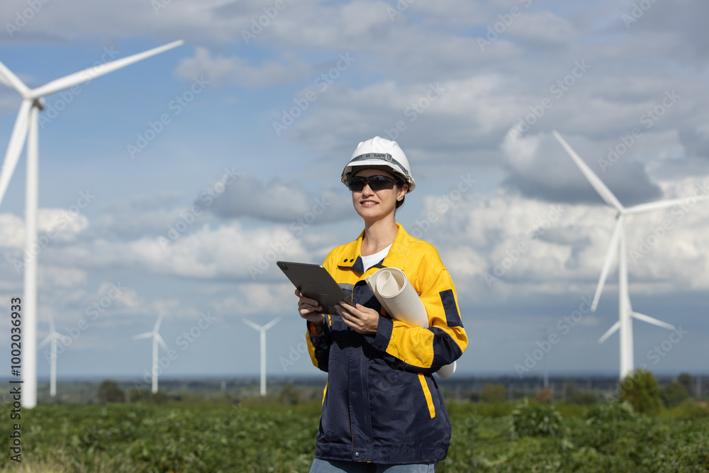 Poster female engineer wind turbine worker survey operational planning windmill clean renewable energy tech