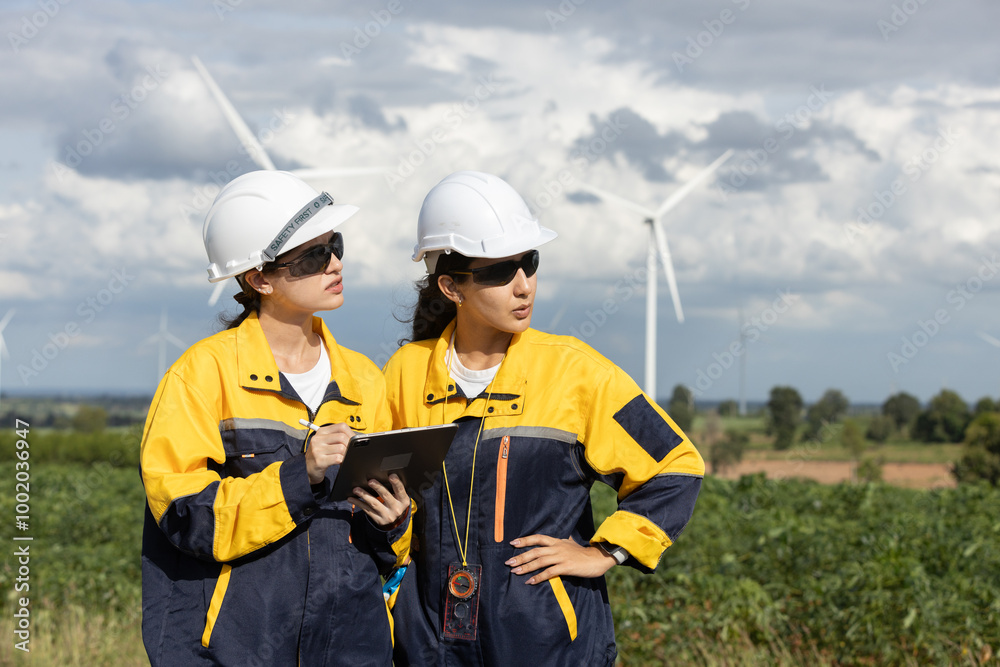 Poster Female engineer wind turbine worker survey operational planning windmill clean renewable energy technology for future. Alternative technology protect environment reduce global warming problems.