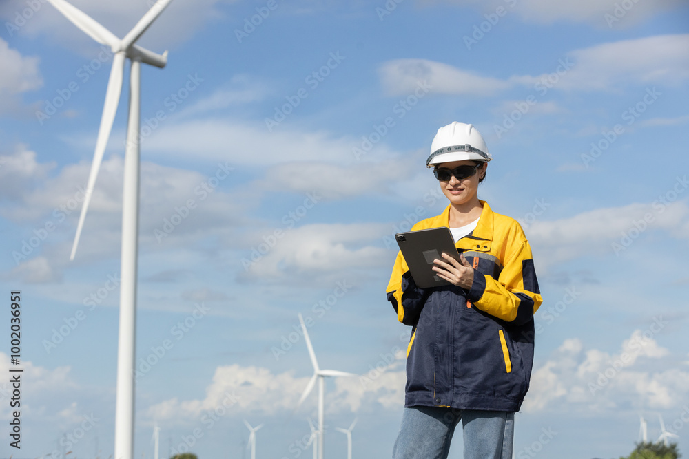Poster Female engineer wind turbine worker survey operational planning windmill clean renewable energy technology for future. Alternative technology protect environment reduce global warming problems.