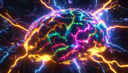 A vibrant, electric depiction of a brain, showcasing colorful neural connections and energy.
