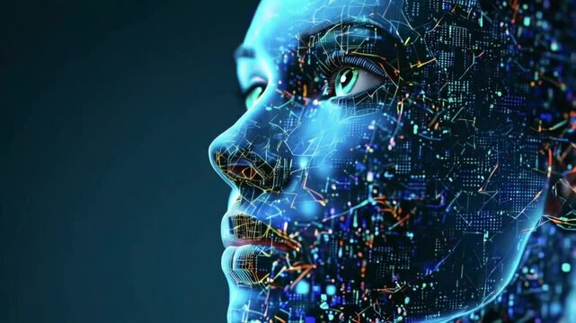 abstract digital human face. artificial intelligence concept of big data or cyber security. 3d rendering, realistic photography, 