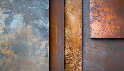 A collection of different metal surfaces--rusted, polished, and brushed--capturing the raw beauty of industrial materials
