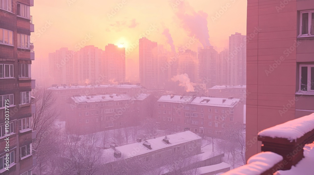 Poster A hazy sunrise over a city skyline with snow-covered rooftops.