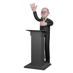 Judicial 3D Cartoon. A judge stands behind the podium holding a mic in his hand. Male Judge