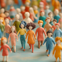 Obraz premium A group of people are walking down a street, some of them are holding hands. The scene is lively and full of energy, with people of different ages and colors. Scene is cheerful and positive