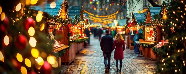Christmas market festively adorned with lights and ornaments, with a couple walking near colorful stalls