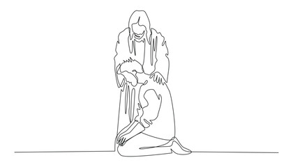 continuous line drawing.God Jesus gives help to the people.God Jesus approaches people who are sad.One line vector hand drawn illustration.