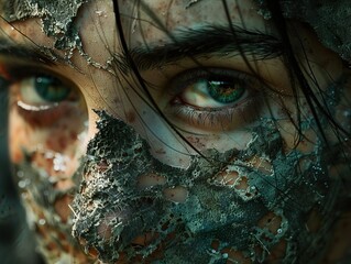 Close Up Portrait of a Woman with Green Eyes and a Disturbing Texture
